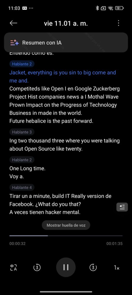 Redactar "Voy a" en una transcripción del inglés muestra poca precisión de la IA de Xiaomi.
